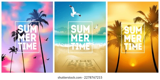Summer tropical beach backgrounds set with palms, sea beach, sky sunrise and sunset. Summer placard poster flyer invitation card. Summertime, perfect t shirt print. - Shutterstock ID 2278767215