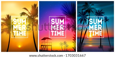 Summer tropical beach backgrounds set N4 with palms, sky sunrise and sunset. Summer placard poster flyer invitation card. Summertime