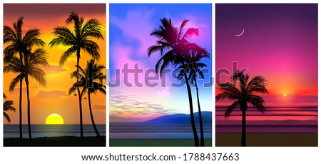Summer tropical beach backgrounds set N4 with palms, sky sunrise and sunset. Summer party placard poster flyer invitation card. Summertime, vector illustration.