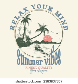 summer tropical beach big waves theme vintage retro.Palm tree vintage graphic print design for t-shirts and others. Beach adventure, background. Summer vibes illustration. Feel the sunset.