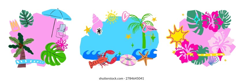 Summer tropical beach composition collection with umbrella, palm leaves, lobster, flamingo, starfish, hibiscus flowers and colorful coastal elements vector set.