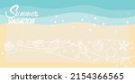 Summer and tropical beach concept illustration. Sea wave and Shells decoration blue and white sand color background for summer banner, promotion background and web design.
