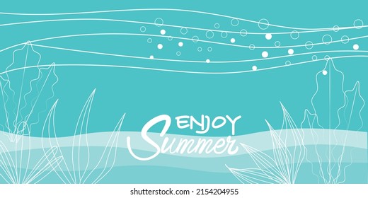  Summer and tropical beach concept illustration. Sea wave and tropical leaves decoration blue background for summer banner, promotion background and web design.