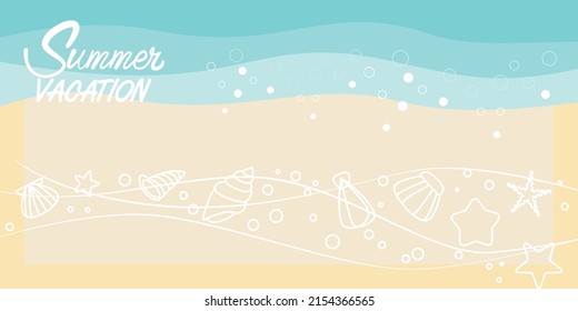 Summer and tropical beach concept illustration. Sea wave and Shells decoration blue and white sand color background for summer banner, promotion background and web design.