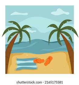 Summer tropical beach with coverlet and sandals. Illustration of sea with palms.