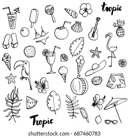 conjunto de doodle de praia tropical de verão, elementos vetoriais isolados
