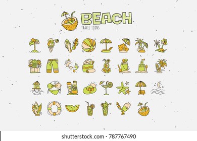 Summer tropical beach icon collection. Hand draw icons about travel to tropic beach and have vacation. Summer and beach attributes - coctails, coconut, sand and swimsuits, umbrellas