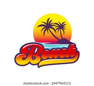 Summer tropical beach icon with palm trees and island on sunrise, vector paradise emblem. Ocean beach with sea waves and palm silhouettes in sunset sun for topical paradise island or holiday vacation