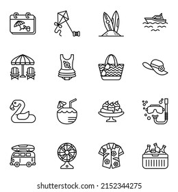 Summer tropical beach icons set 2 with white background. thin line style stroke vector.