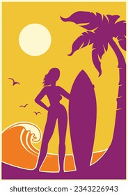 Isla de playa tropical de verano. Pancarta de fondo de vectores de verano con palmeras y surfista mujer y tabla de surf. Tarjeta de navegación de amor