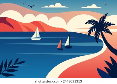 Summer tropical beach landscape background with palm tree and sailing boats. Abstract template for travel, vacation and tourism concept