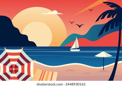 Summer tropical beach landscape background with palm tree and sailing boats. Abstract template for travel, vacation and tourism concept