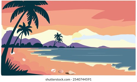 Fondo de paisaje de playa tropical de verano Paraíso exótico junto a la playa en la puesta del sol. Ilustración vectorial.