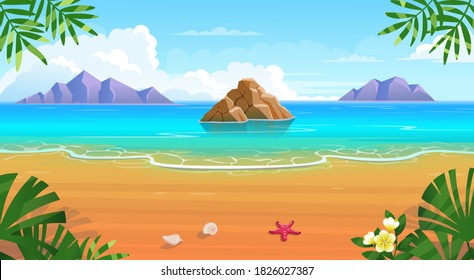 Summer tropical beach with mountains and islands. Seaside landscape, nature vacation, ocean or sea seashore.Vector cartoon illustration. - Shutterstock ID 1826027387
