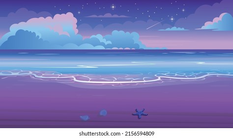   Summer tropical beach  at night. Seaside landscape, nature vacation, ocean or sea seashore.Vector cartoon illustration.