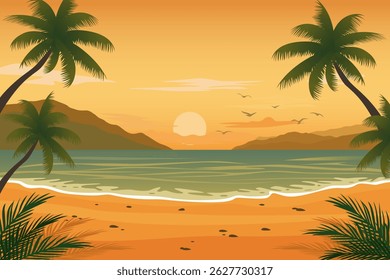 Summer tropical beach with palm trees, sunrise and sunset sky. Summer vacation concept. Summertime, vector illustration. Beach landscape with palm trees.