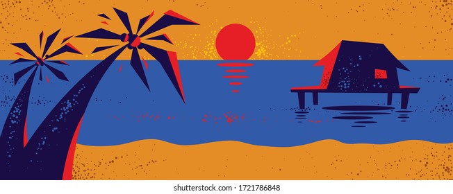 Summer tropical beach with palms and house vacations and holidays vector illustration, relaxation and rest, travel and tourism, ocean sunset.