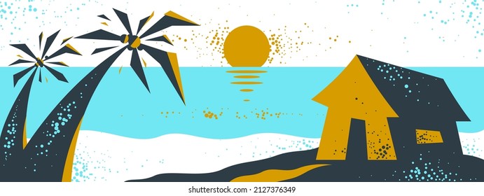 Summer tropical beach with palms and house vacations and holidays vector illustration, relaxation and rest, travel and tourism, ocean sunset.