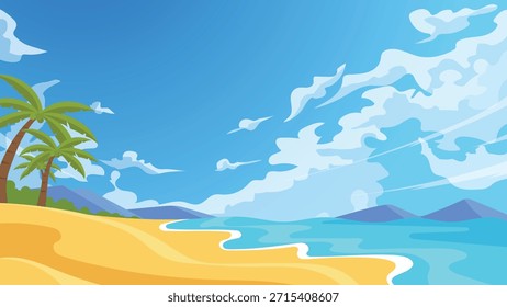 Ilustración vectorial panorámica de la playa tropical del verano con el agua clara de las palmeras y el cielo brillante