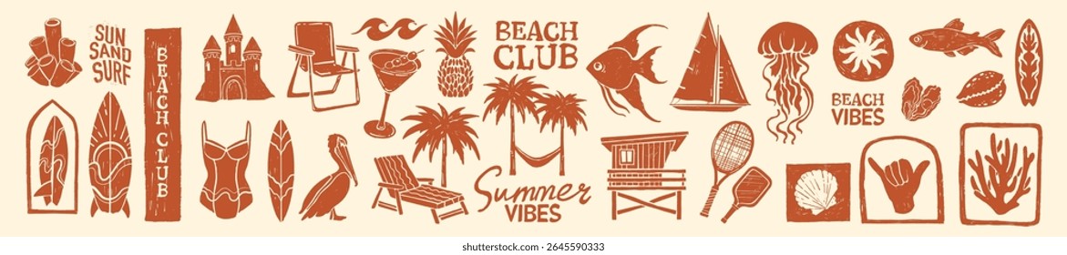 Summer tropical beach print hand drawn exotic ocean objects silhouette travel paradise vacation logo. Ocean surf vintage stamp, yacht relax retro illustration. Mediterranean summer beach sticker