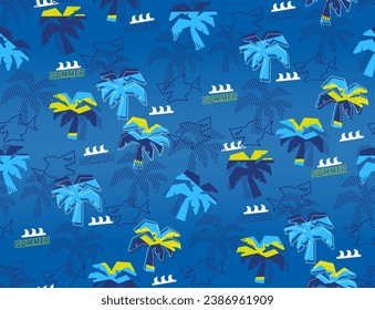 Summer tropical beach seamless background with fierce shark on blue gradient background illustration vector.