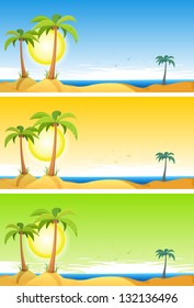 Summer Tropical Beach Set/ Illustration of a set of cartoon summer tropical beach ocean background with palm trees, coconuts, and cloudscape upon blue, orange or green sky