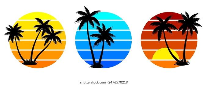 Summer tropical beach with sun and palm tree silhouette in vintage style. Summer background illustration for poster, flyer, t-shirt design.