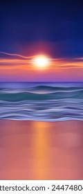 Summer tropical beach, sunset paradise landscape. Sea, ocean, waves, sky, sunset. Tropics. Tropic beach wallpaper, background. Design concept for travel, family vacation. Vector illustration