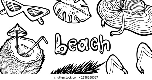 Summer tropical beach. Vacation on the sea or ocean. Relaxation and travel by the water. Outline hand drawn sketch. Drawing with ink. Isolated on white background. Vector.