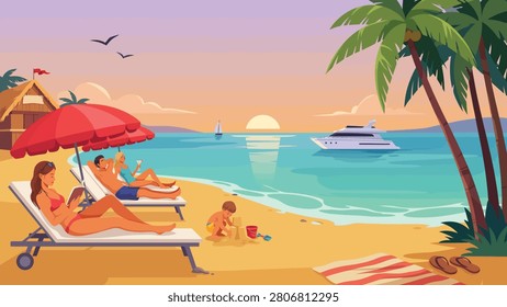 Summer tropical beach vacation scene with people relaxing on lounge chairs under red umbrellas at sunset, tropical