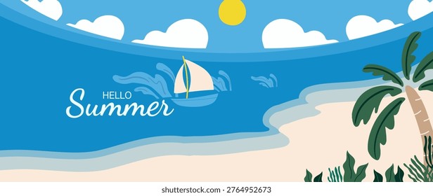 Summer tropical beach vector background with sailboat, palm tree, sandy shore, blue sea and sunny sky. Suitable for travel poster, banner, vacation design and resort promotion.