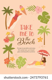 Summer tropical  beach vector illustration poster, woman chilling with palm tree and leaves for background templates