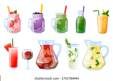 Colección veraniega de bebidas tropicales, aisladas en un fondo blanco. Ilustración de dibujos animados. Smoothie, jugo fresco, sangría, vasos de limonada. Conjunto de elementos de diseño del menú de cócteles del bar de la playa