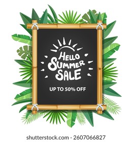 Summer tropical billboard with bamboo frame, tropical leaves Summer Sale poster concept. Vector illustration