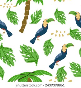 Summer tropical bird toucan in jungle seamless pattern. Vector illustration isolated. Floral pattern with leafs and brazil bird toucan. 