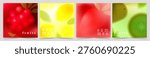 Summer tropical blurred fruit vector background gradient set. Abstract shapes of raspberry, strawberries, lemon, watermelon, kiwi with grainy retro airbrush texture, bold seasonal color palette. 