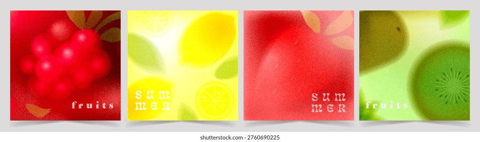 Summer tropical blurred fruit vector background gradient set. Abstract shapes of raspberry, strawberries, lemon, watermelon, kiwi with grainy retro airbrush texture, bold seasonal color palette. 