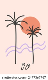 Summer tropical boho abstract poster. Hand drawn vector illustration, marine motive, sea coast landscape, sunset. Design cards in minimalist style for template, print, paper, decor, postcard, logo