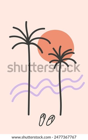 Summer tropical boho abstract poster. Hand drawn vector illustration, marine motive, sea coast landscape, sunset. Design cards in minimalist style for template, print, paper, decor, postcard, logo