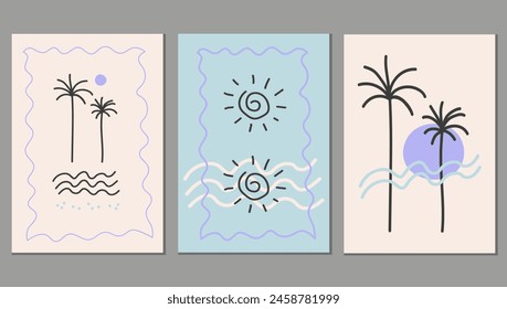 Afiches abstractos boho tropicales de verano. Ilustración vectorial dibujada a mano, motivo marino, paisaje costero, puesta de sol. Tarjetas de diseño en estilo minimalista para Plantilla, impresión, papel, decoración, postal, logotipo