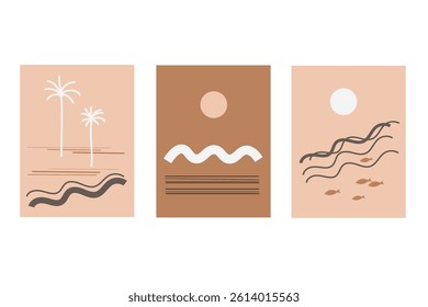 Summer tropical boho abstract posters with sun, sunset, palms, sea, fish, waves. Vector illustration with marine motive, sea coast landscape, for surf club, wallpaper. Design cards for template, logo