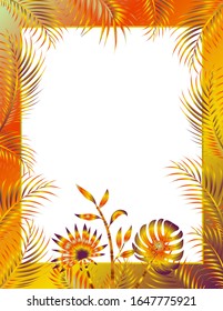 Summer tropical border for cards, posters or flyers with exotic palm leaves. Colorful tropical frame isolated on white. Eps 10 , editable vector illustration.