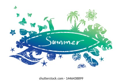 Summer tropical card in the form of a surfboard with silhouettes of palm trees, cocktails, waves and the sun. Tropical beach frame.