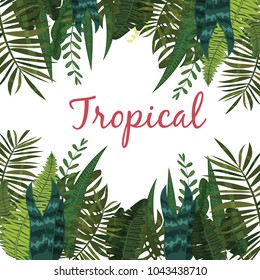 Summer tropical card with leaves. Cartoon style. Vector illustration, isolated