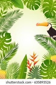 Summer tropical card. Palm leaves, tropical plants, flowers, pineapple, toucan. Vector illustration.