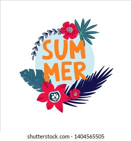Summer! Tropical summer card. Promotion offer with summer plants, leaves and flowers decoration