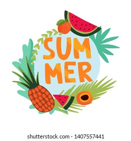 Summer! Tropical summer card. Promotion offer with summer plants, leaves and fruits decoration