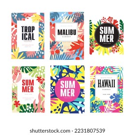 Summer tropical card templates set. Banner, poster, background with exotic plants cartoon vector illustration