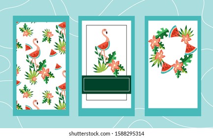 Summer tropical cards set with flamingo, exotic palm leaves and watermelon, flat cartoon vector illustration. Backgrounds for beach party and seasonal commercial events invitations.