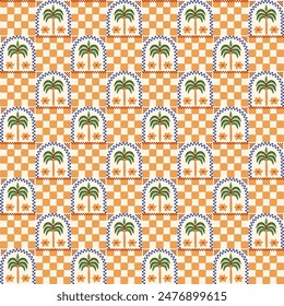 Summer tropical checkered seamless pattern. Retro chess print with palm trees in arch. Yellow mosaic vector design. Groovy 70s, 60s repeat background fashion, fabric, textile, wallpaper , wrapping.